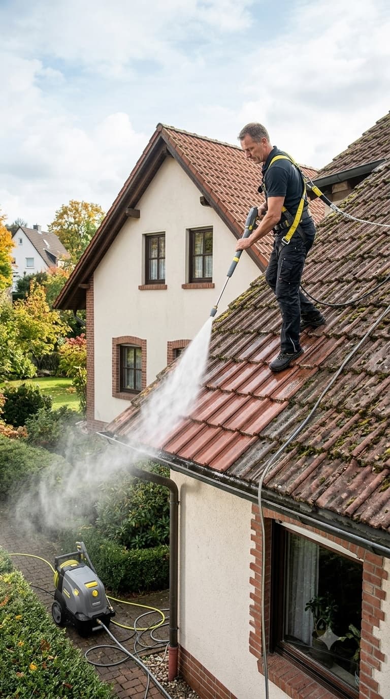 Zbliżenie na zadbaną dachówkę ceramiczną i rynnę po czyszczeniu