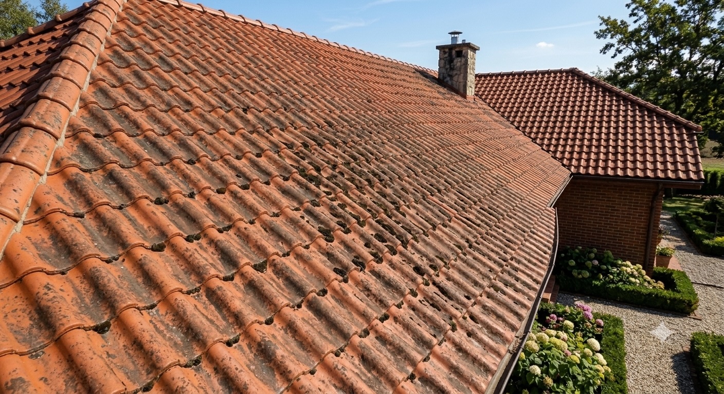 Stara, zabrudzona dachówka ceramiczna przed renowacją